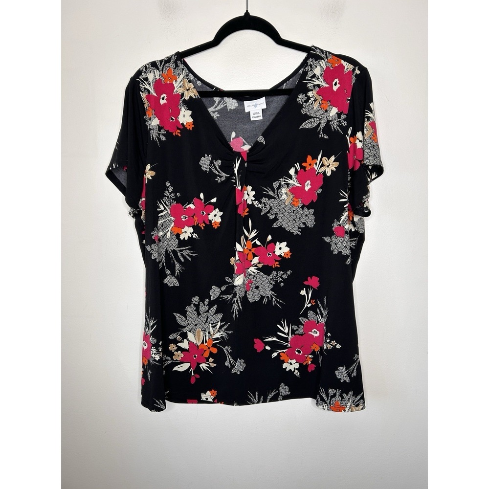 Jaclyn Smith Collection Blouse Top Women's Short Sleeve Black Floral Size XXL